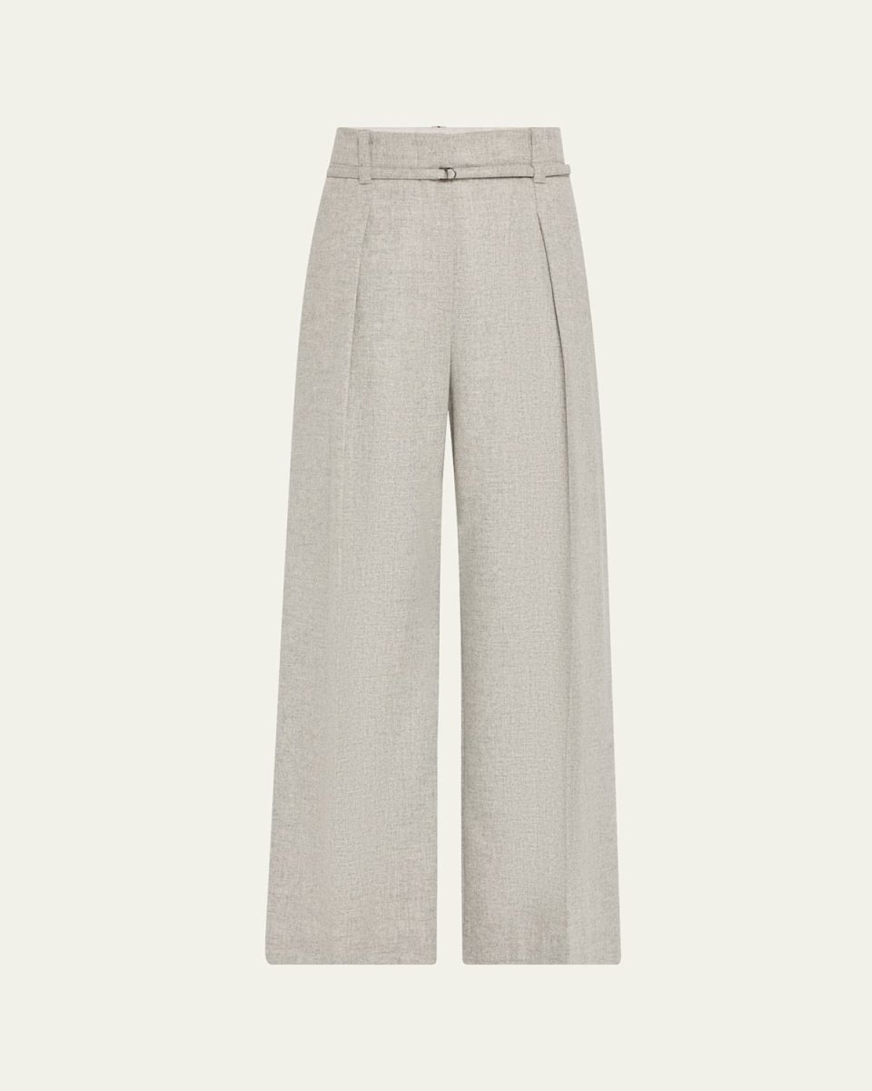 Cashmere-Wool Flannel Wide Sartorial Pants With Belt